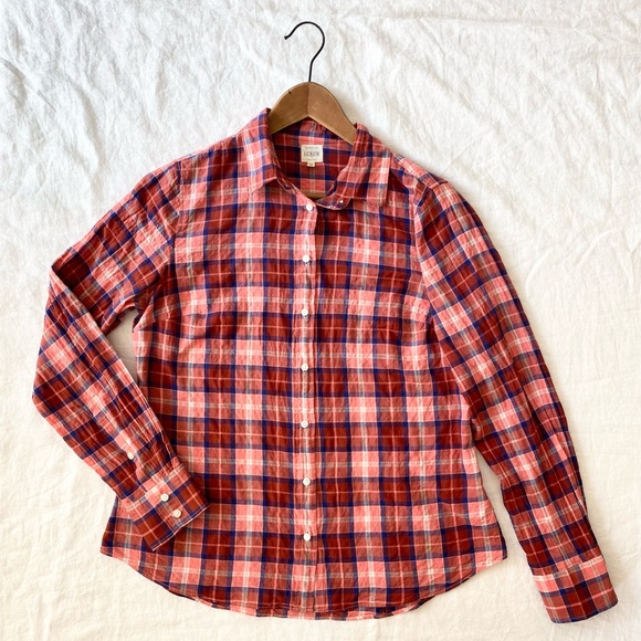 J. Crew Women Plaid Button Up The Perfect Shirt Long Sleeve Red Pink - Picture 8 of 11